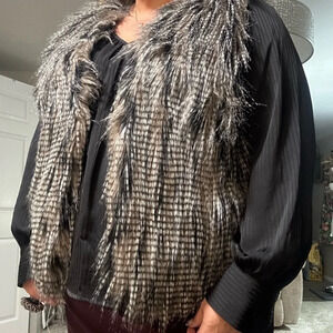 Women's Black and Gray Faux Fur Sweater